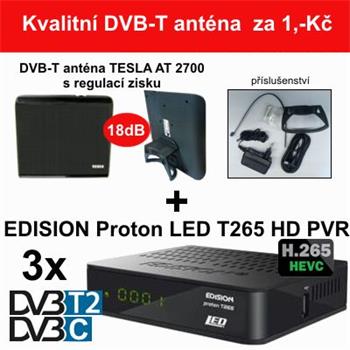 3x DVB-T2/C EDISION Proton LED T265 HD + 1ks antén