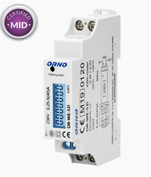 Elektroměr digitální na DIN lištu ORNO OR-WE-521, 40A, MID, jednofázový, DIN TH-